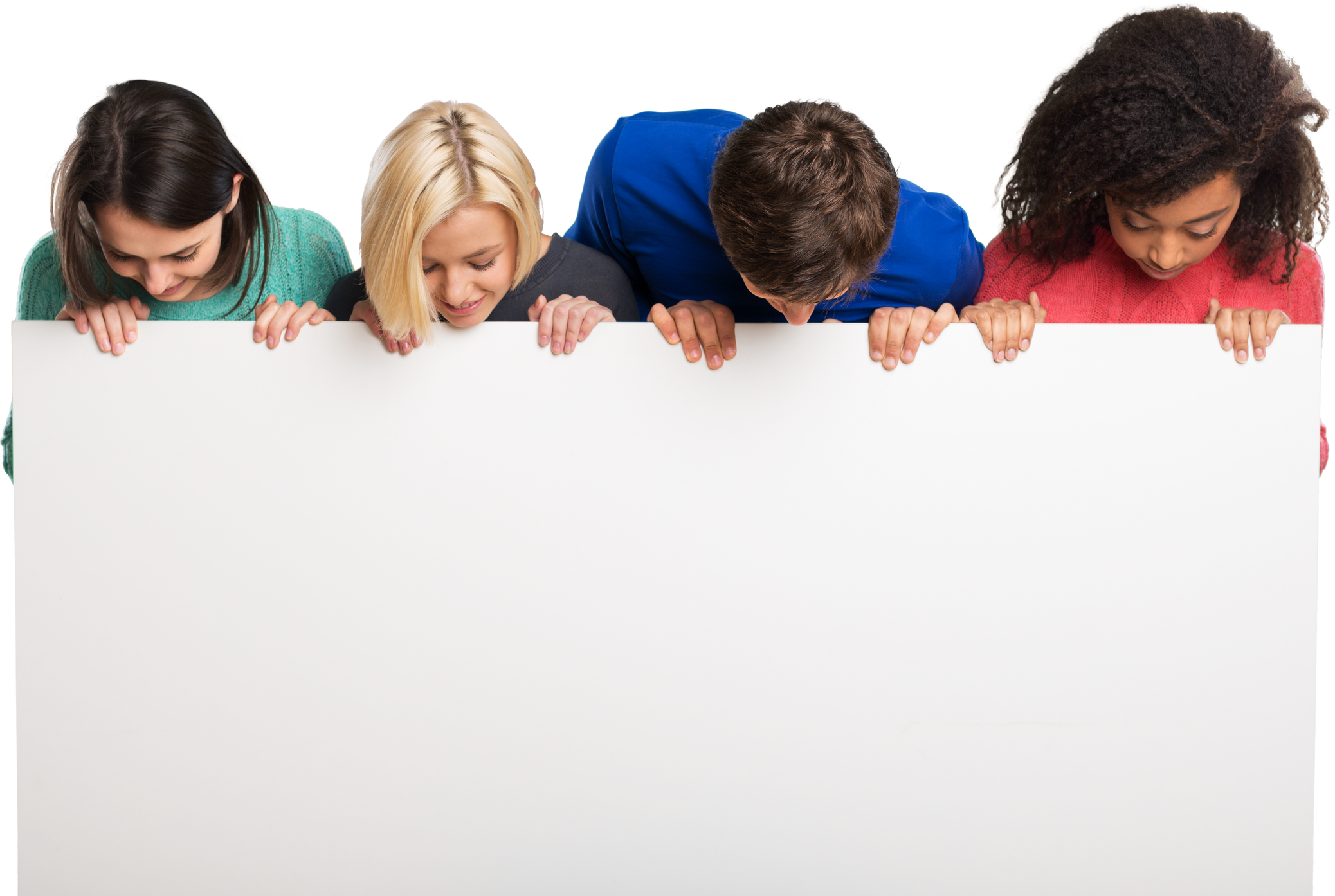 Four People Holding a White Board